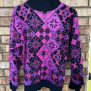 Geometric Patterned Snowflake Pink and Black Purple Fair Isle Christmas Sweater